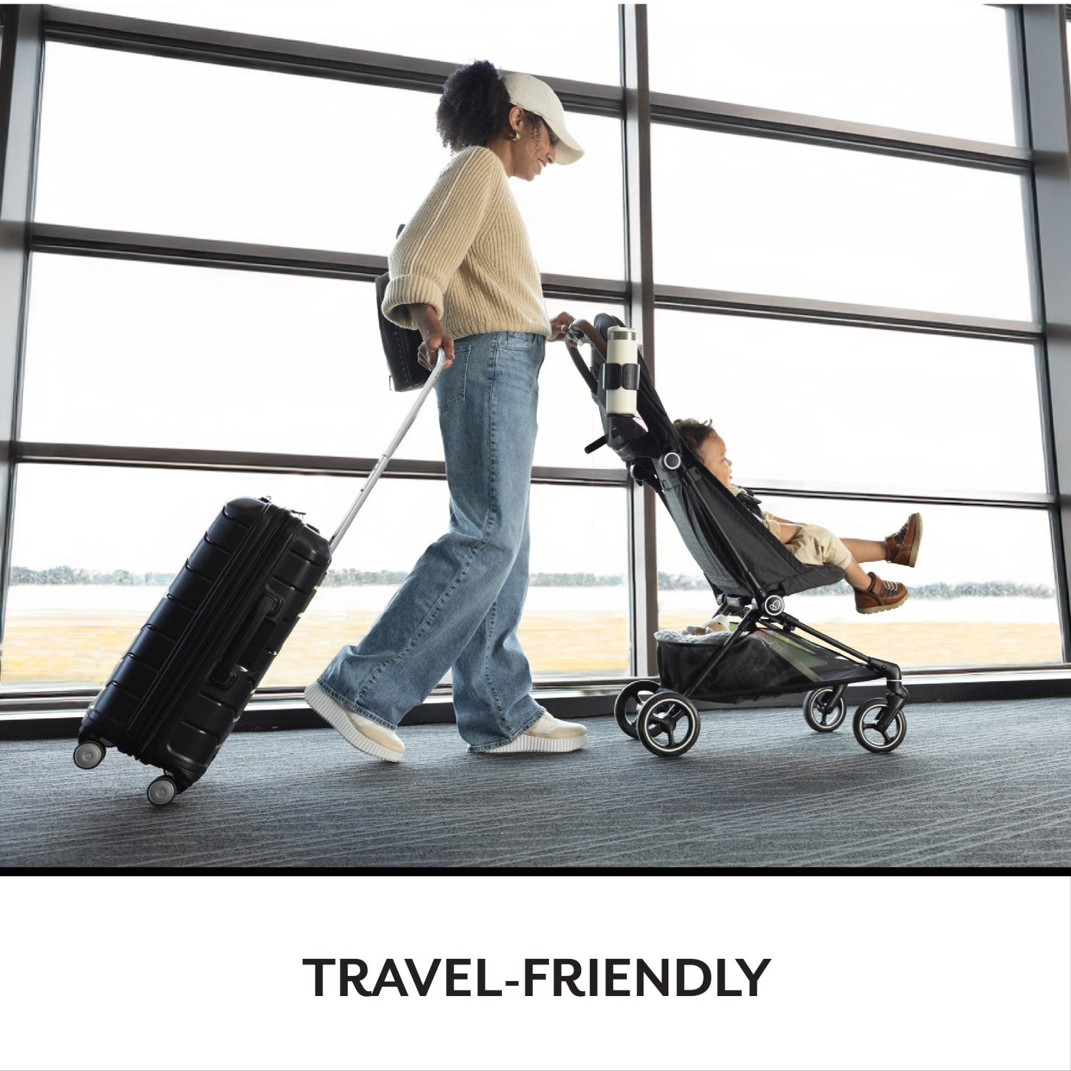 You confidently navigate an airport, pushing your child in a stroller and pulling your luggage.