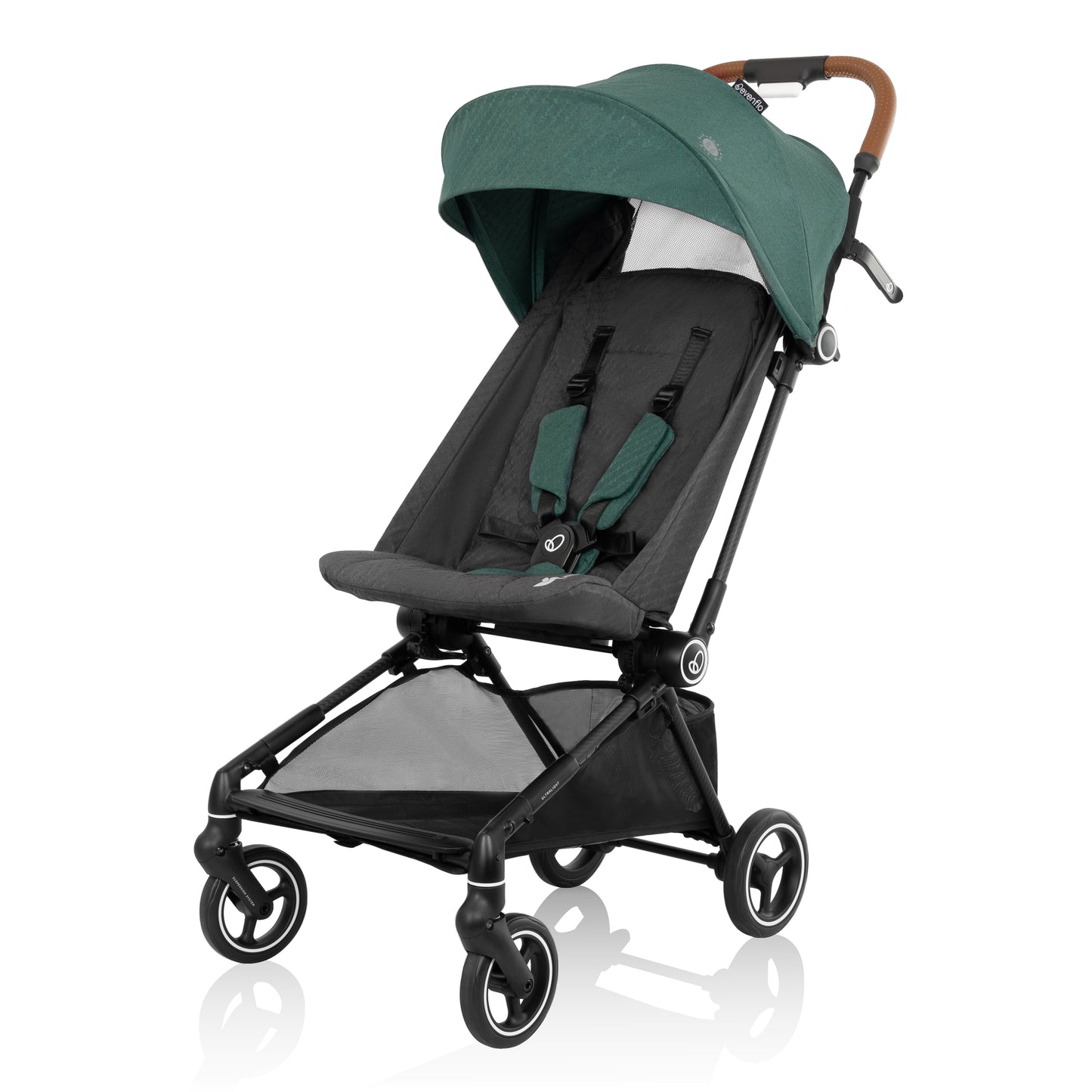 See this sleek, compact stroller with a green canopy, ready for your next adventure.