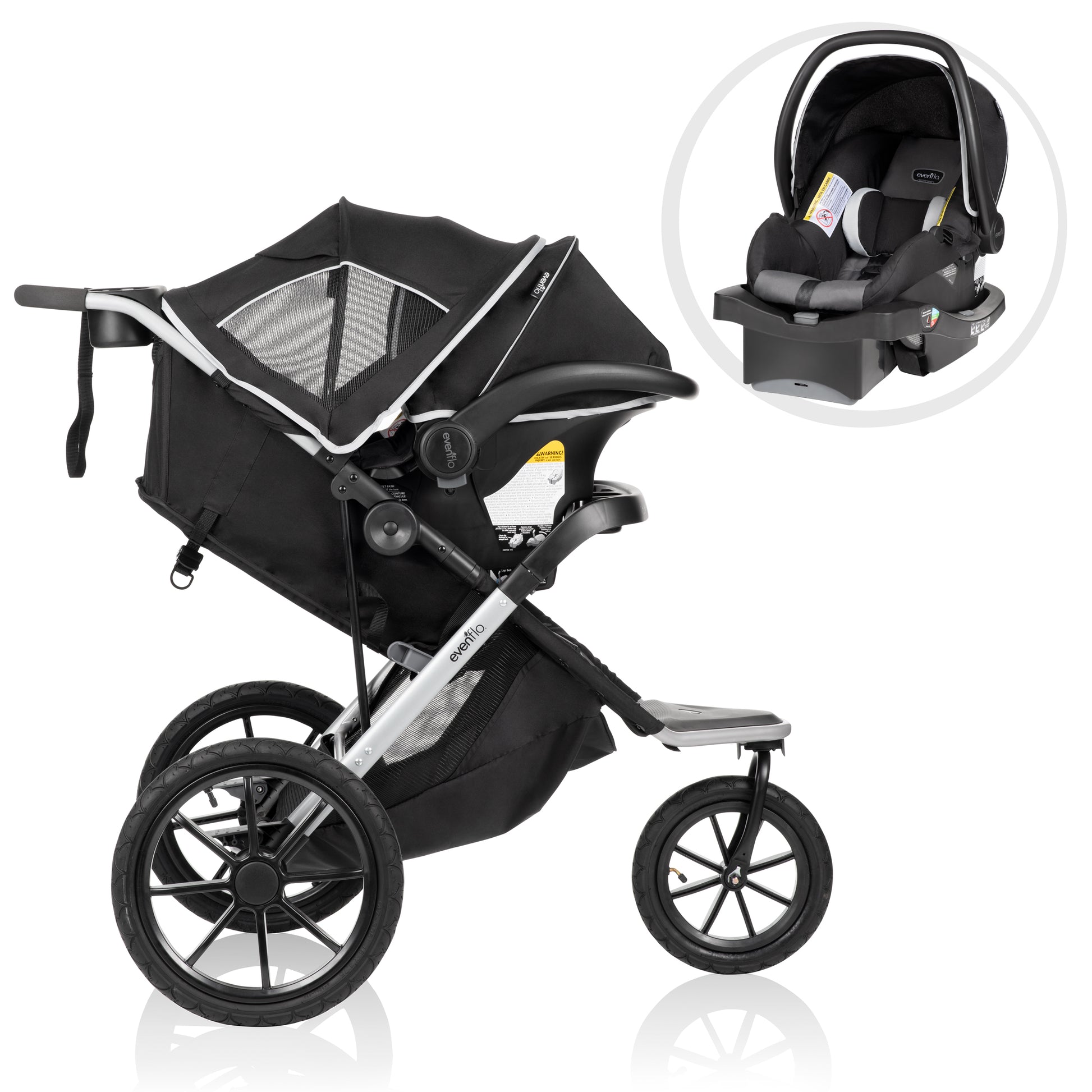 Black stroller with a baby car seat attachment