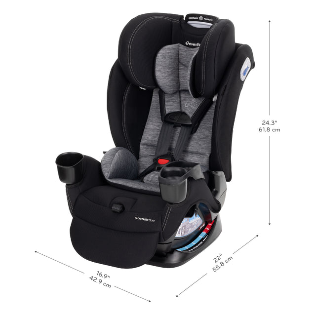 Evenflo All-in-One car seat with a gray and black cover, featuring dimensions for height, width, and depth.