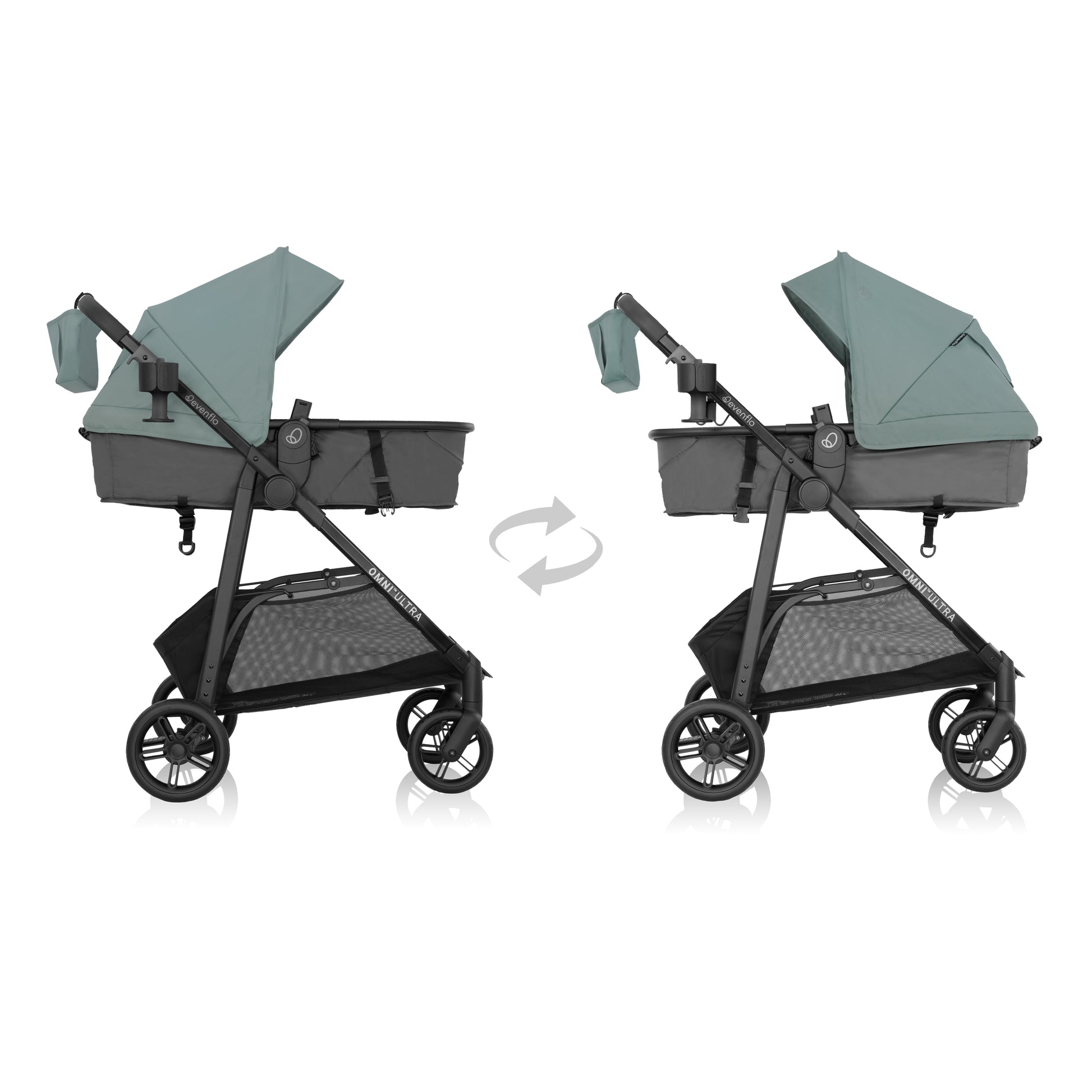 Two views of a baby stroller with a green canopy