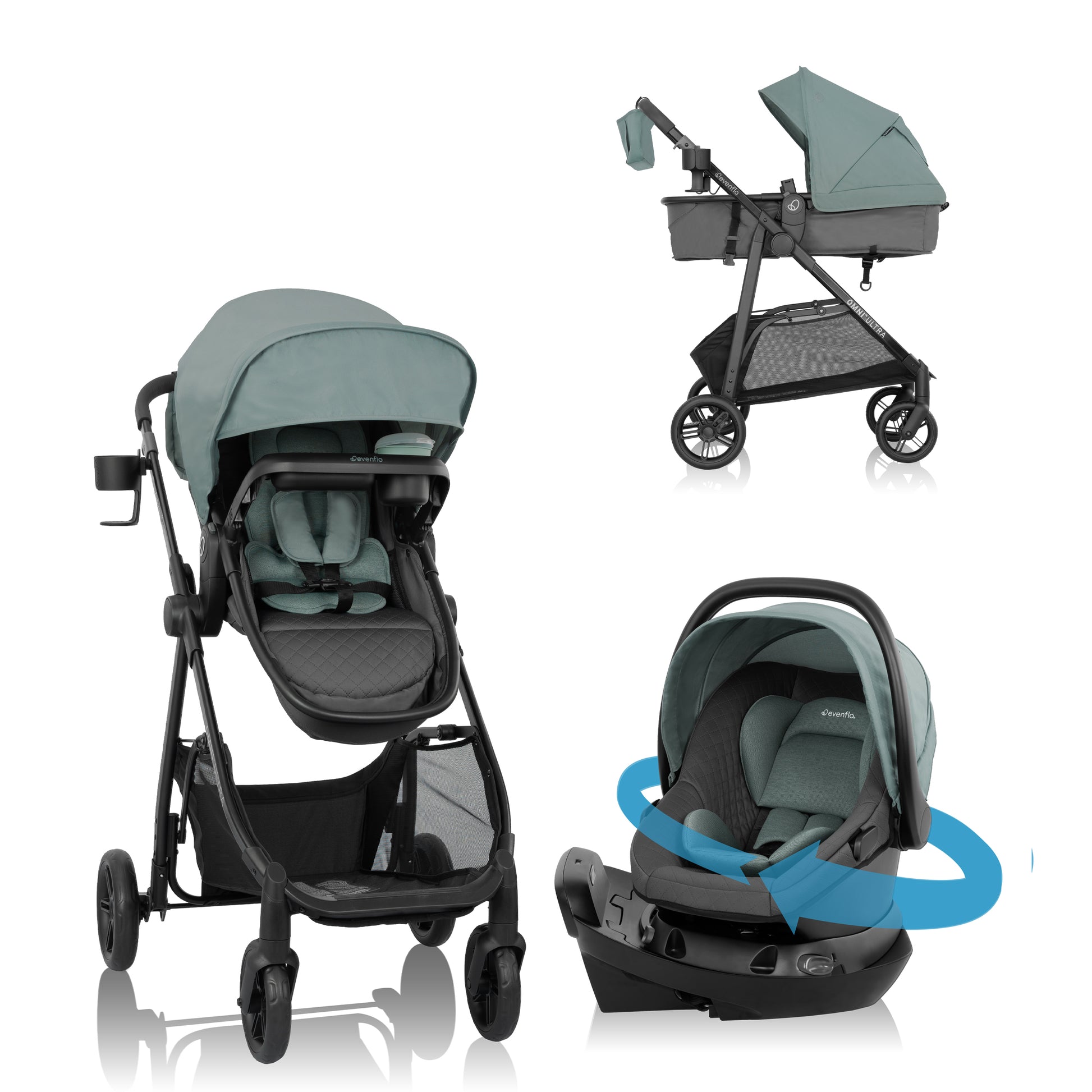 Evenflo baby travel system showing a stroller, bassinet, and infant car seat with base.