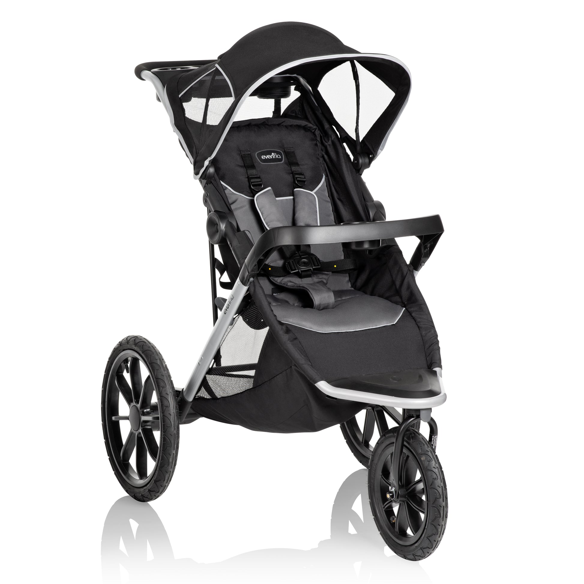 A three-wheeled black and gray jogging stroller with a large canopy and rugged all-terrain wheels.