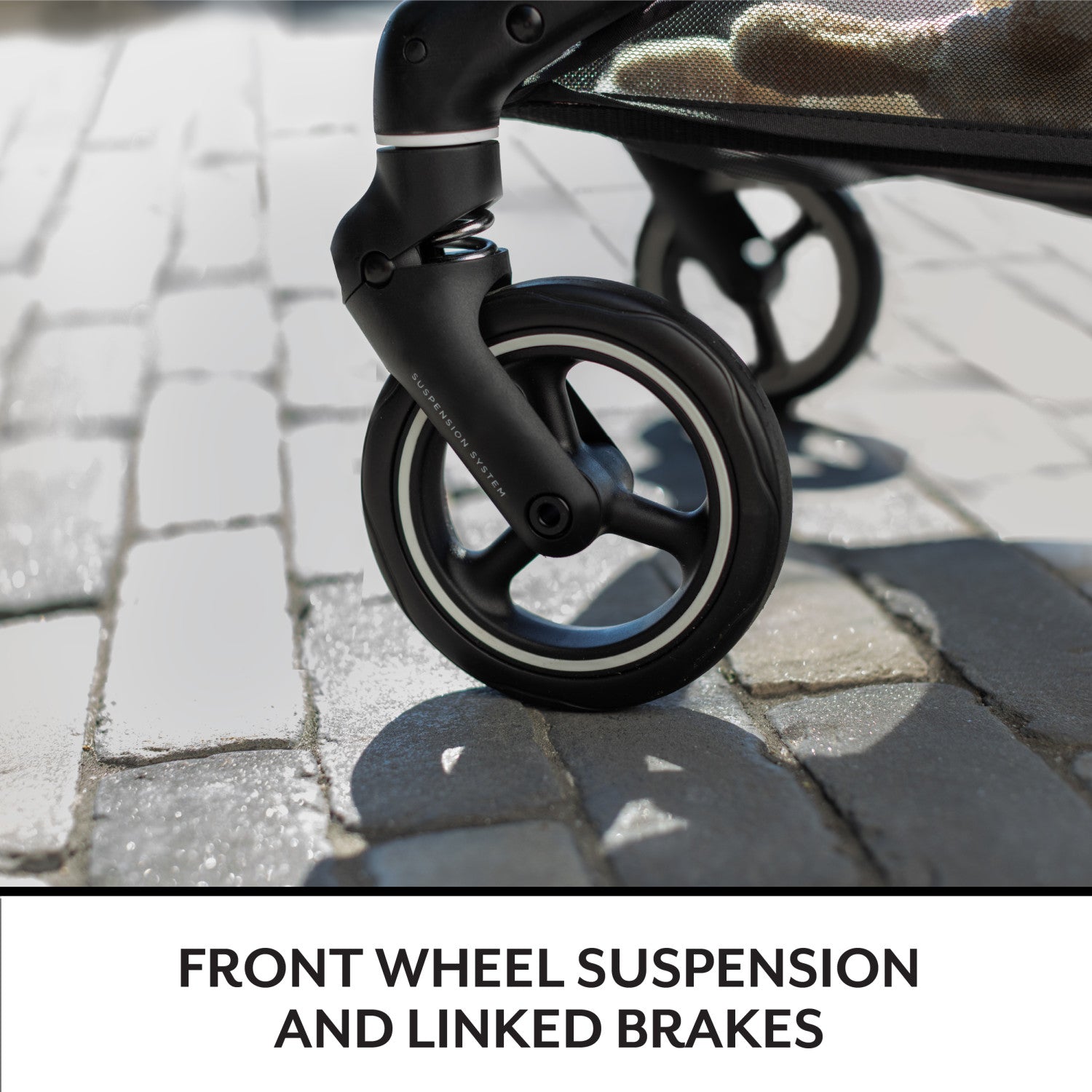 Witness the smooth ride as the stroller's suspension system glides over the pavement.