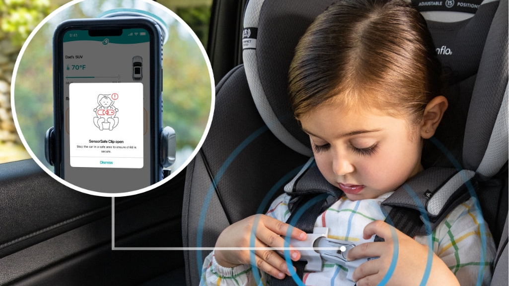 Child in a car seat using a smartphone app with a close-up of the app on the screen.