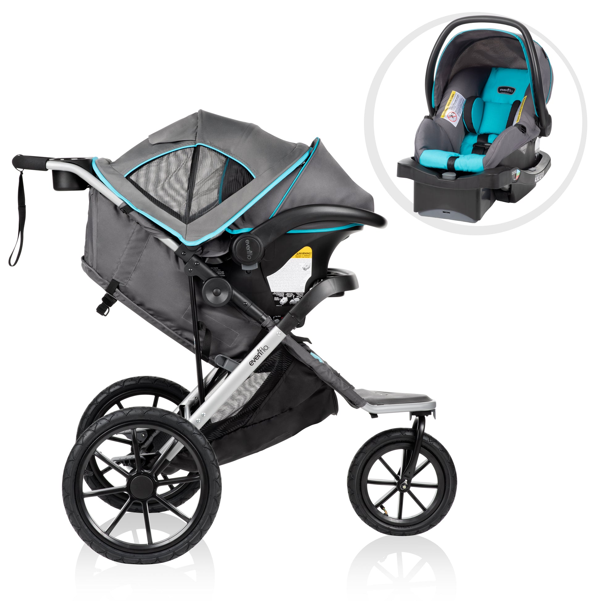 Gray and black stroller with teal accents, including a close-up of a car seat.
