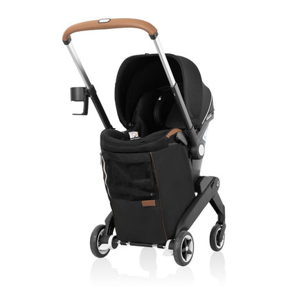 Black stroller with brown accents on a white background