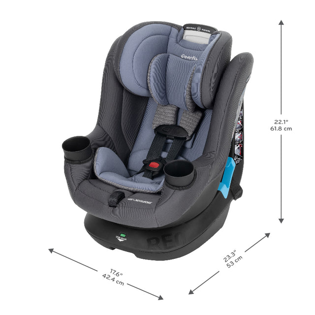 Gray Evenflo convertible car seat with dimensions for height, width, and depth shown from a side view.