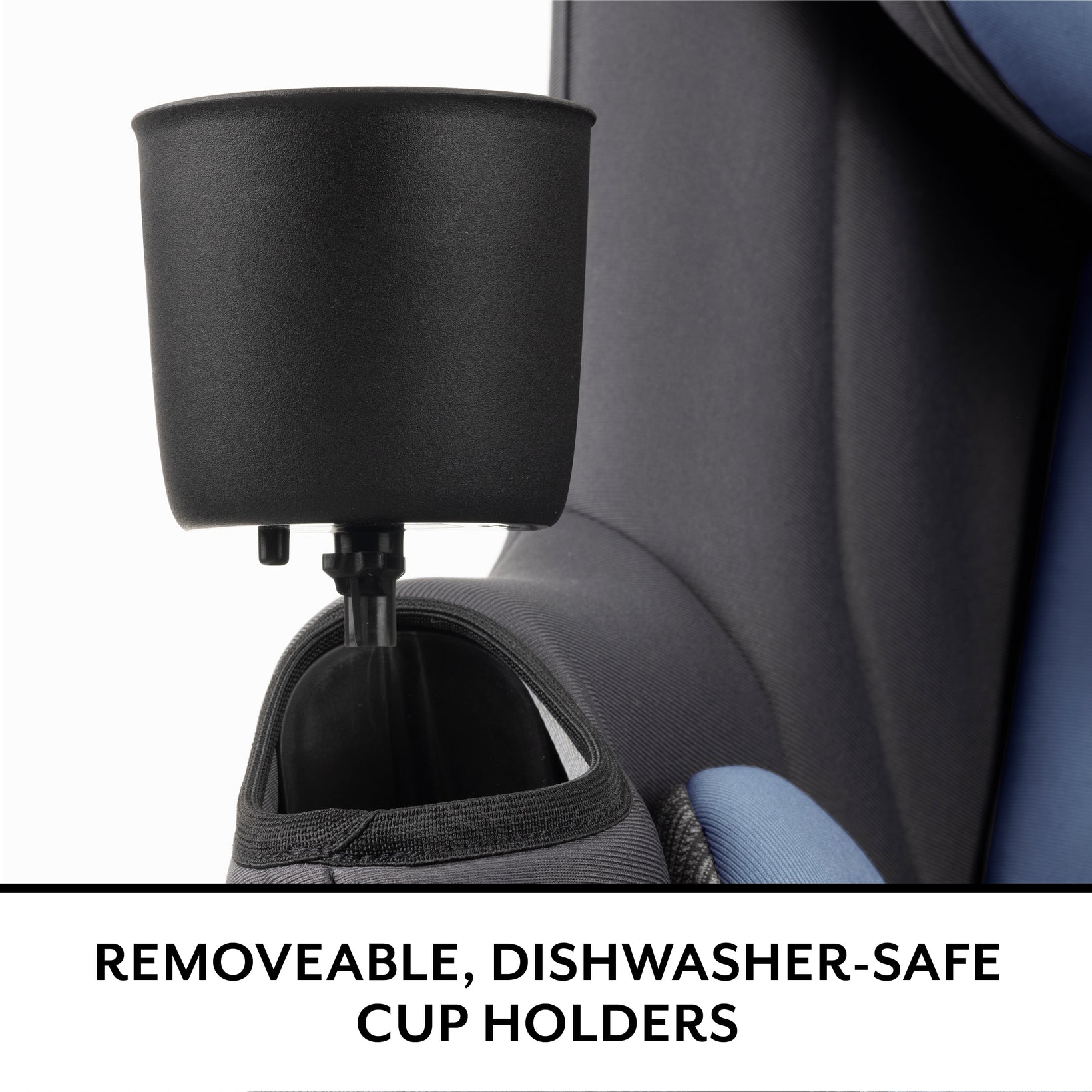 A close-up of a detachable black cup holder on the side of a car seat.