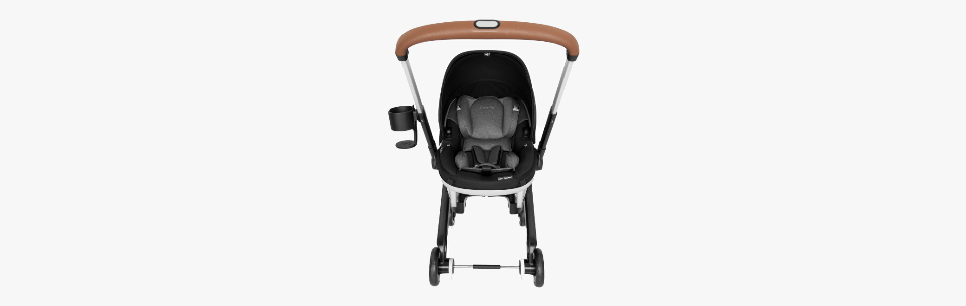 
A top-down view of a modern black and white stroller with a gray car seat insert.