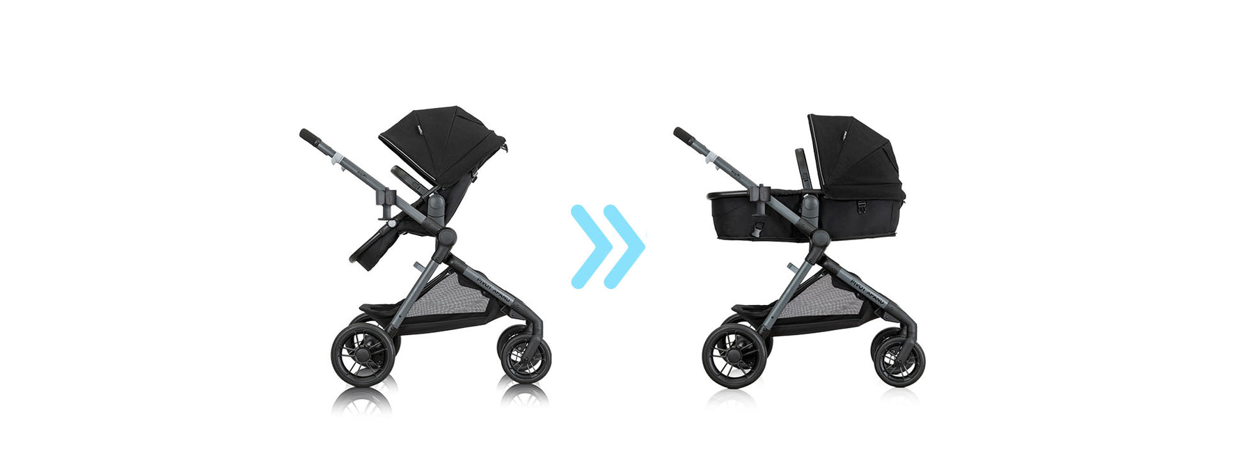 Two views of a black stroller with a blue arrow between them on a white background
