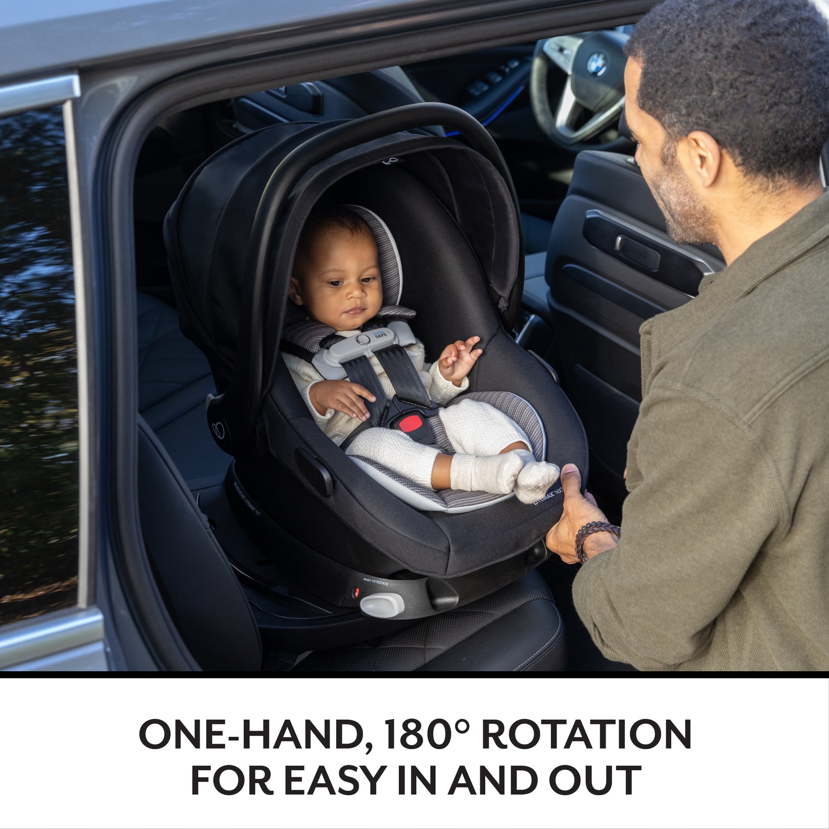 Enjoy the ease of a rotating car seat as you buckle your happy baby into the car.