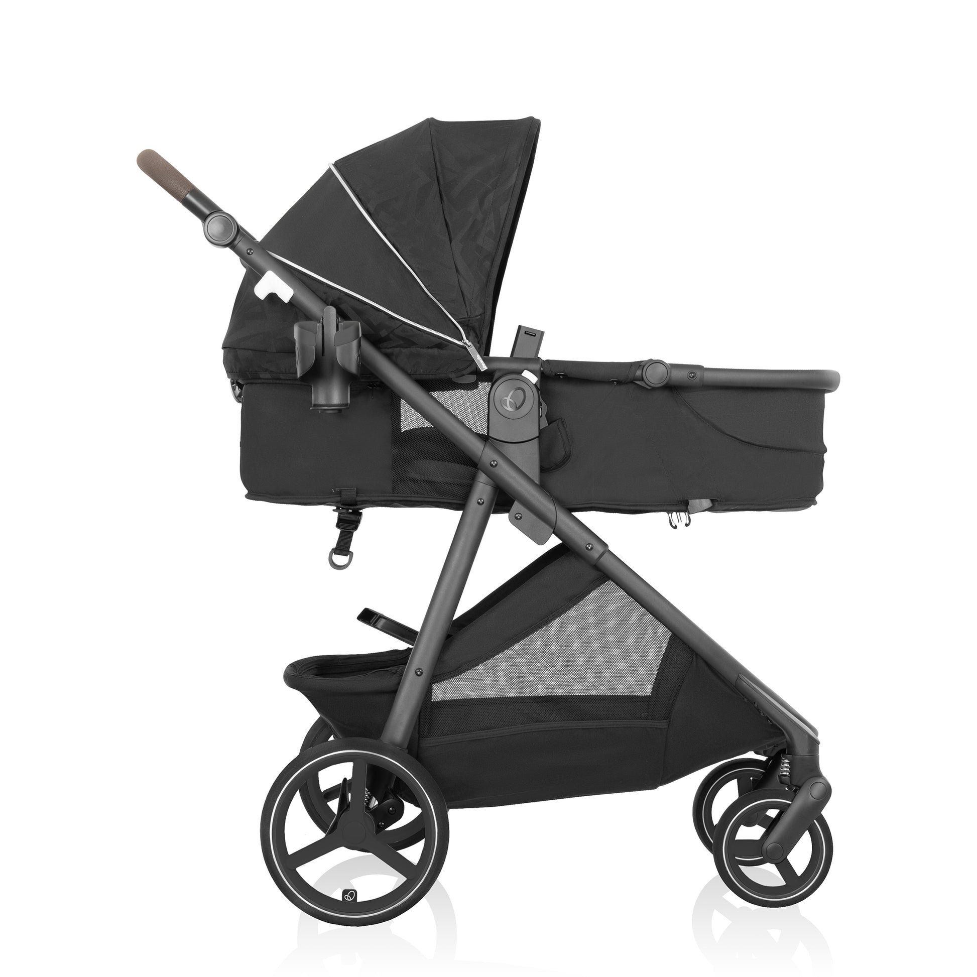 Side view of black stroller with canopy and a basket