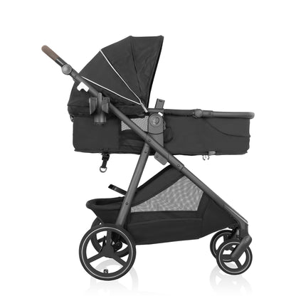 Side view of black stroller with canopy and a basket