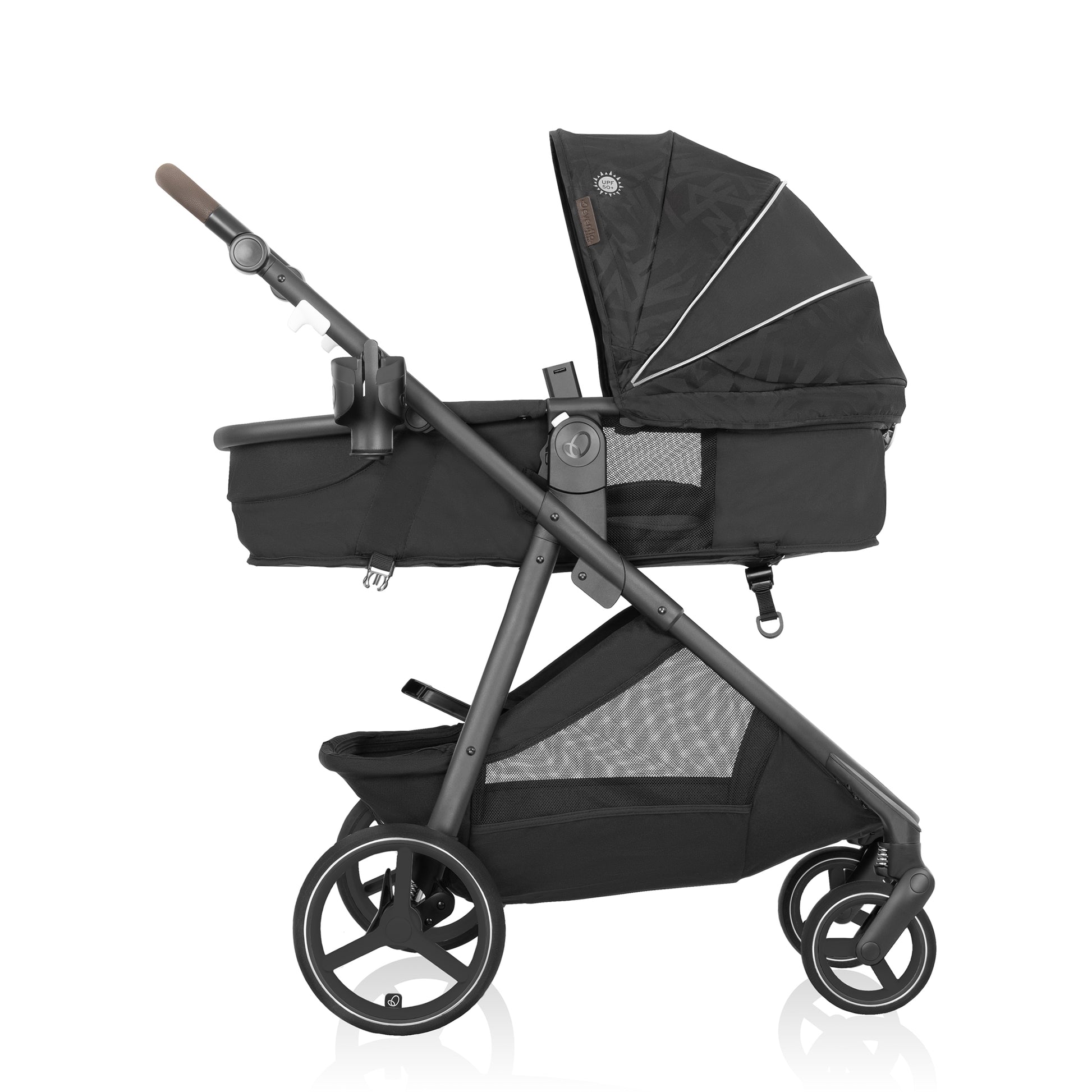 Left side black baby stroller with canopy and a basket