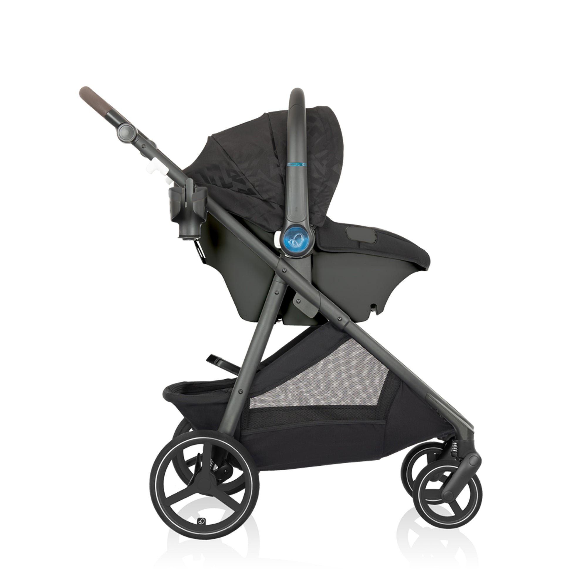 Side view of black stroller with canopy on a white background