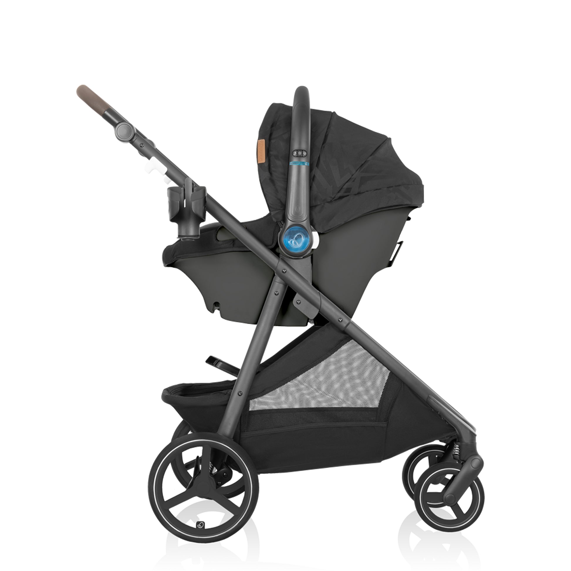 Stylish black stroller with a baby seat