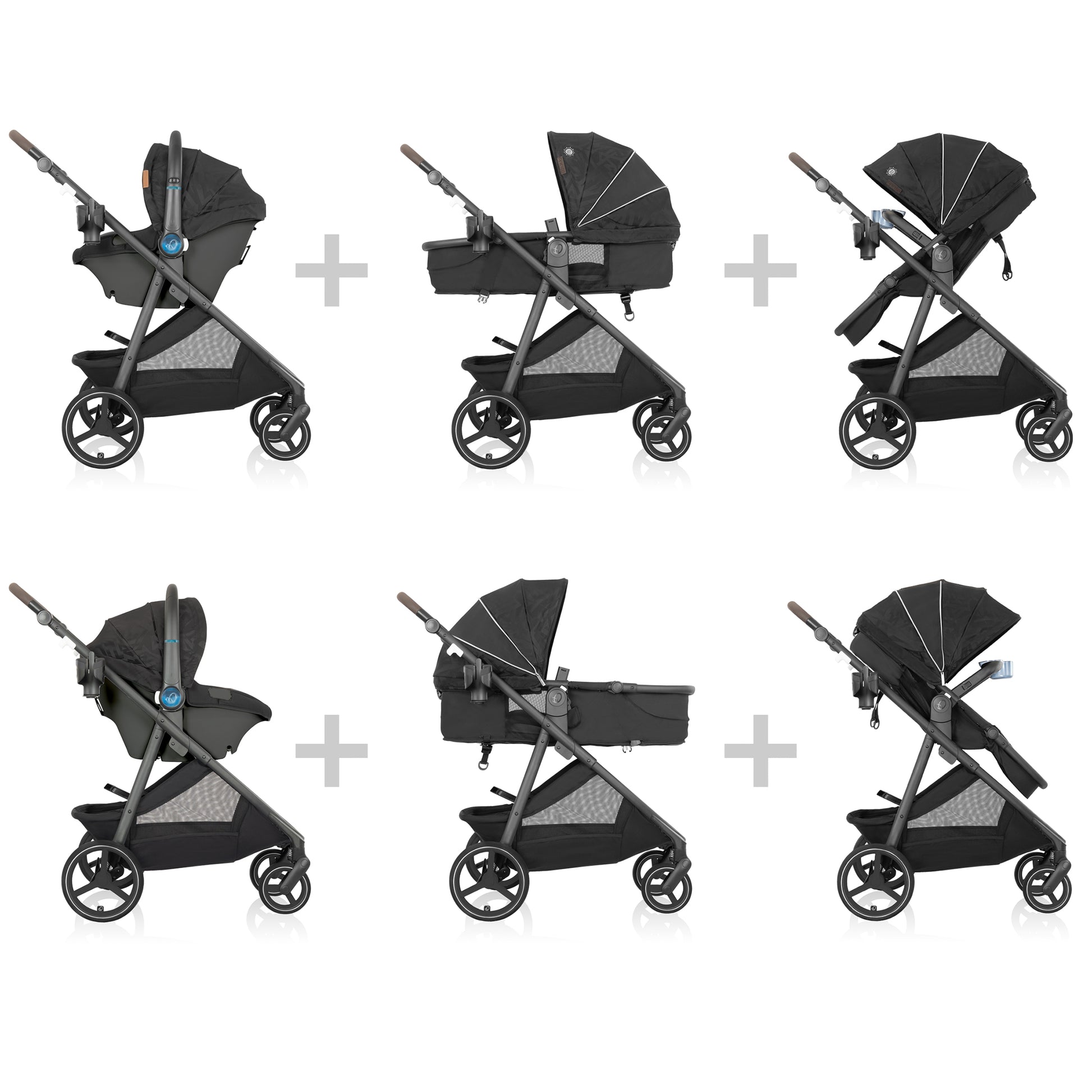Black stroller shown from multiple angles on a white background