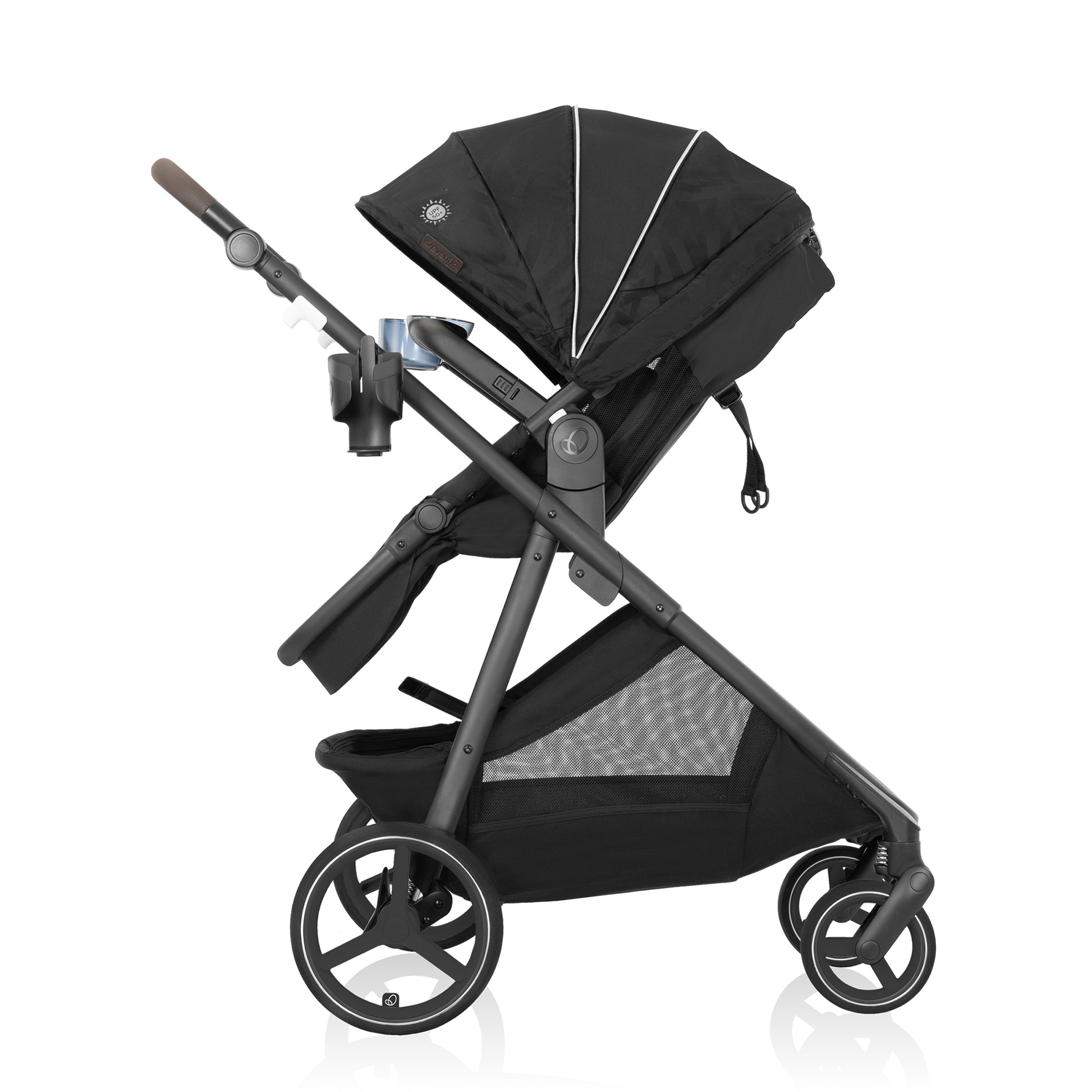 Black baby stroller with adjustable canopy, cup holder, and large storage basket.