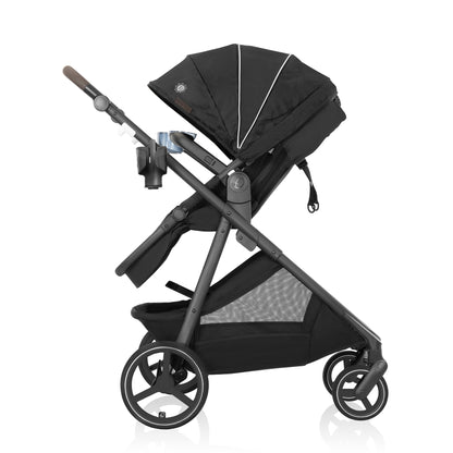 Black baby stroller with adjustable canopy, cup holder, and large storage basket.