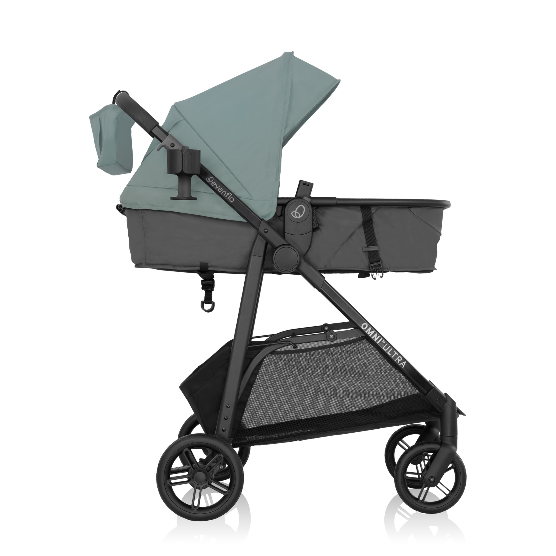 Side view of a gray and teal Evenflo Omni Ultra baby stroller