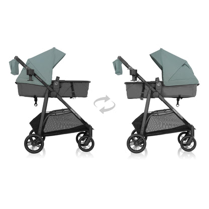 Two views of a baby stroller with a green canopy