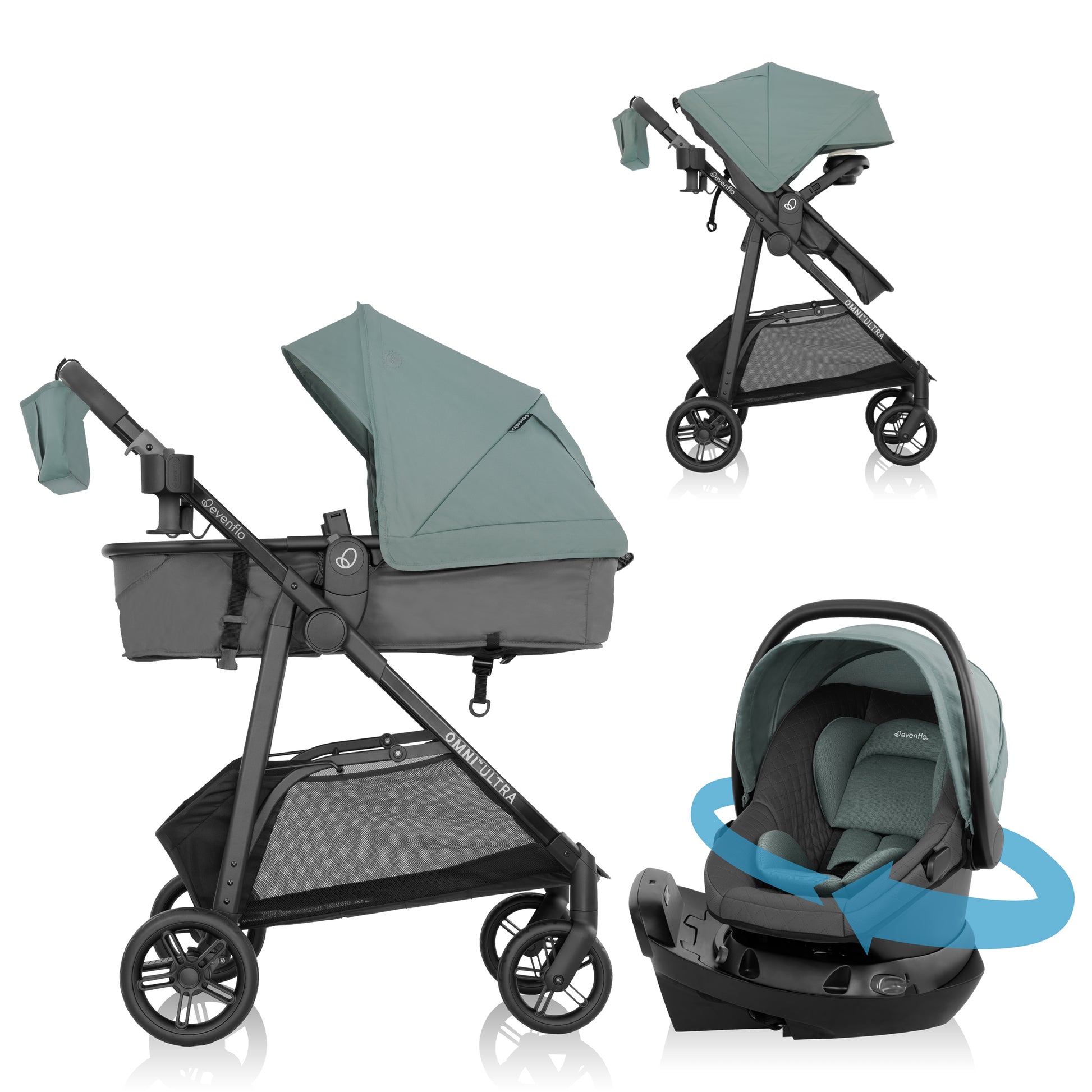 Baby stroller and car seat set with green and gray color scheme