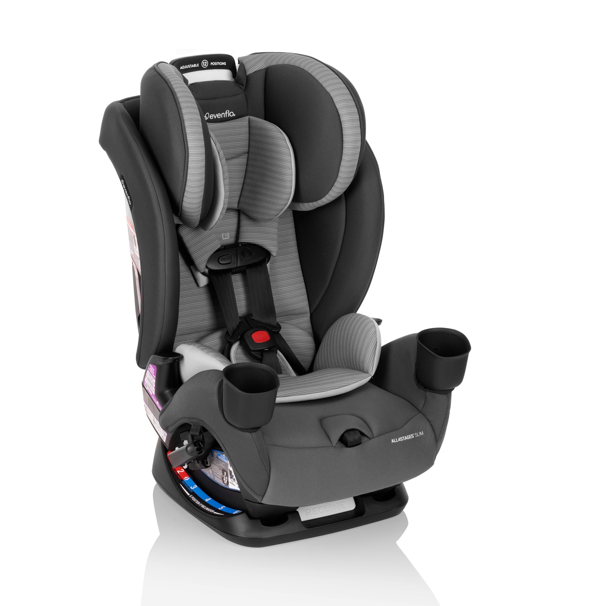 Evenflo All-in-One car seat with a gray and black cover, featuring cup holders.