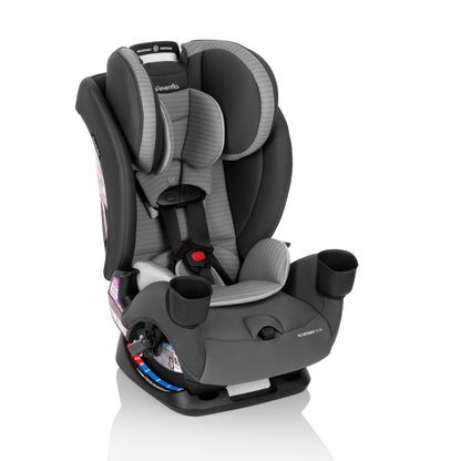 Evenflo All-in-One car seat with a gray and black cover, featuring cup holders.
