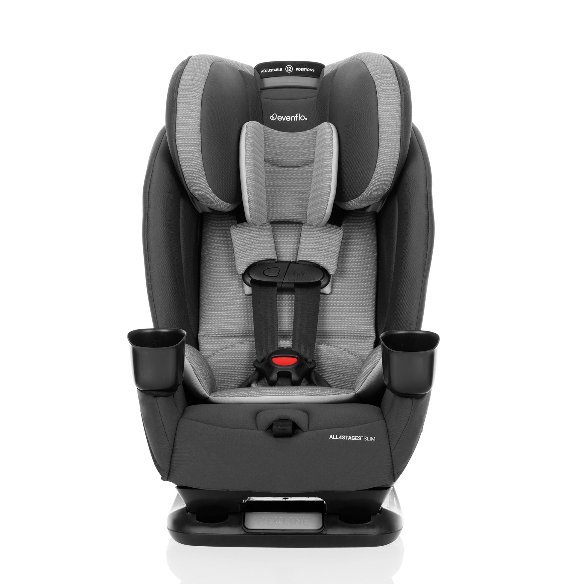 Evenflo All-in-One car seat with a gray and black cover, featuring a five-point harness and cup holders.