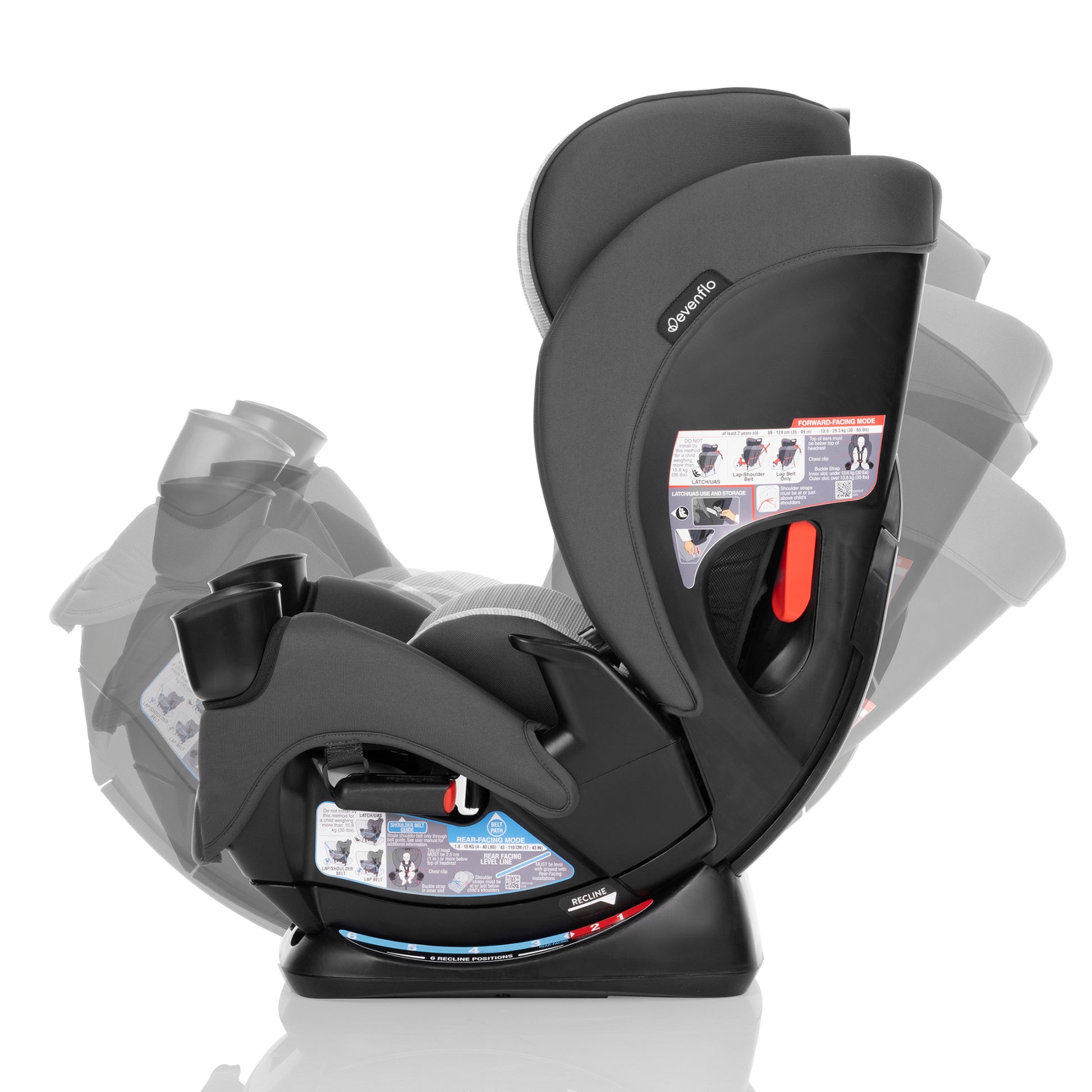 Side view of a gray and black Evenflo All-in-One car seat showing its recline positions.
