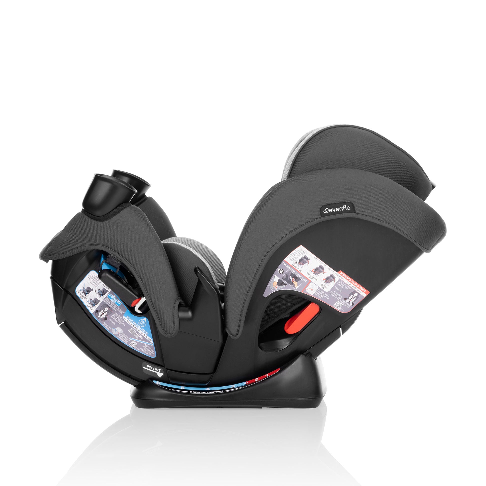 Side view of a gray and black Evenflo All-in-One car seat.