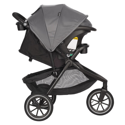 Black and gray stroller on a white background