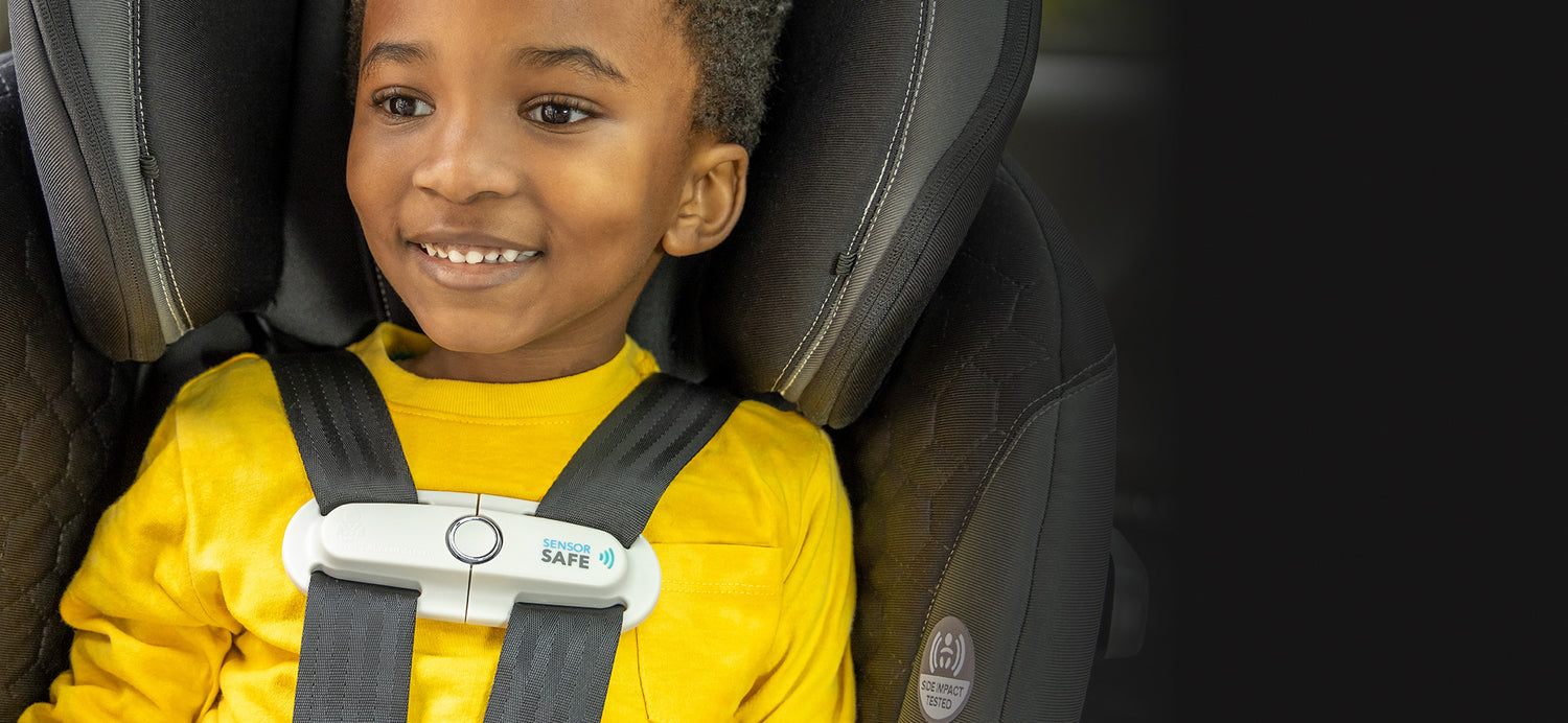 Look at your child's happy face, securely buckled in their car seat with an added safety sensor.