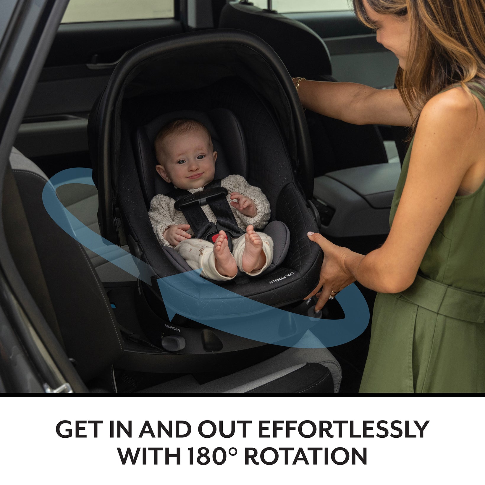 Woman securing a baby in a car seat with text about 180-degree rotation.