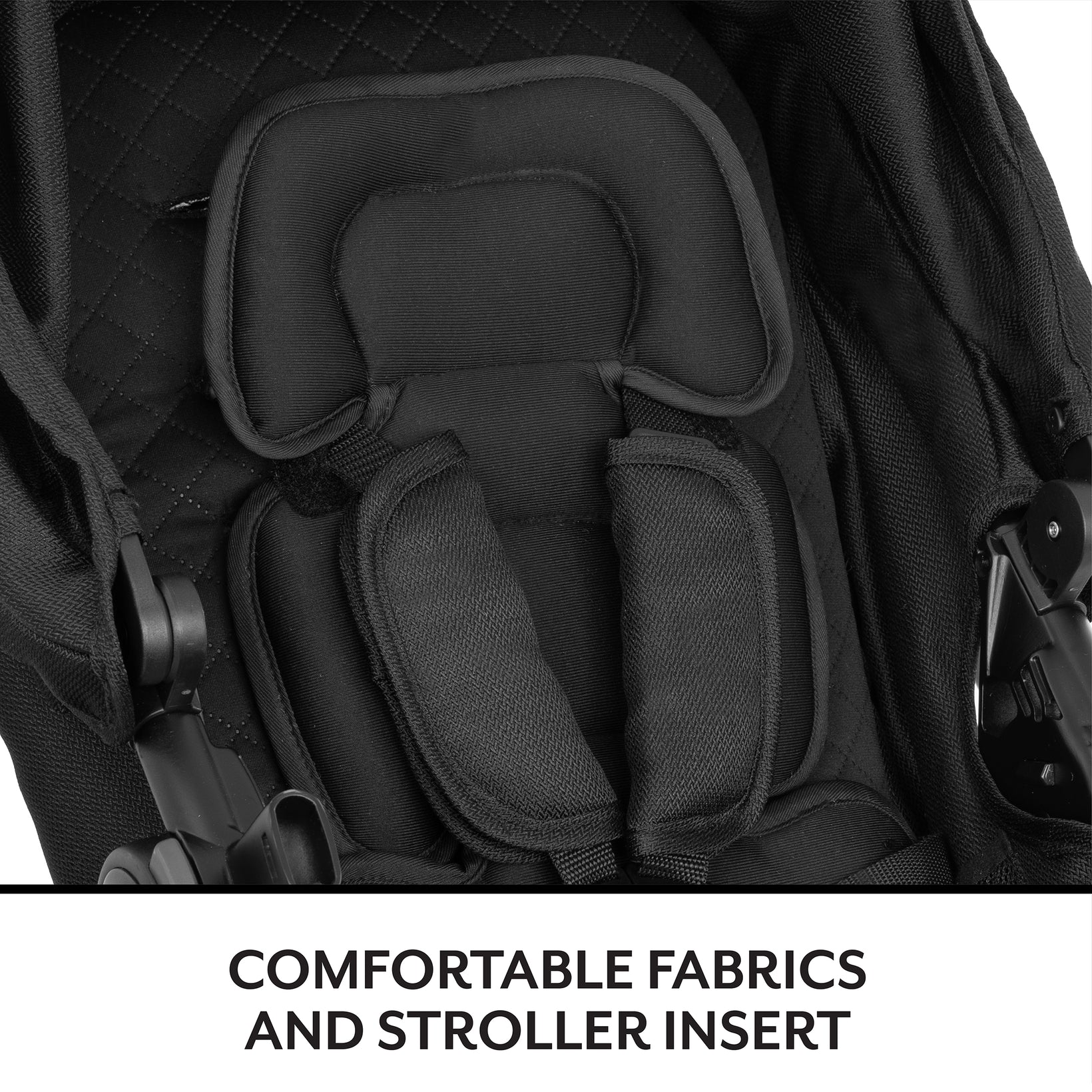 Black stroller with a comfortable fabric insert and text 'COMFORTABLE FABRICS AND STROLLER INSERT'.