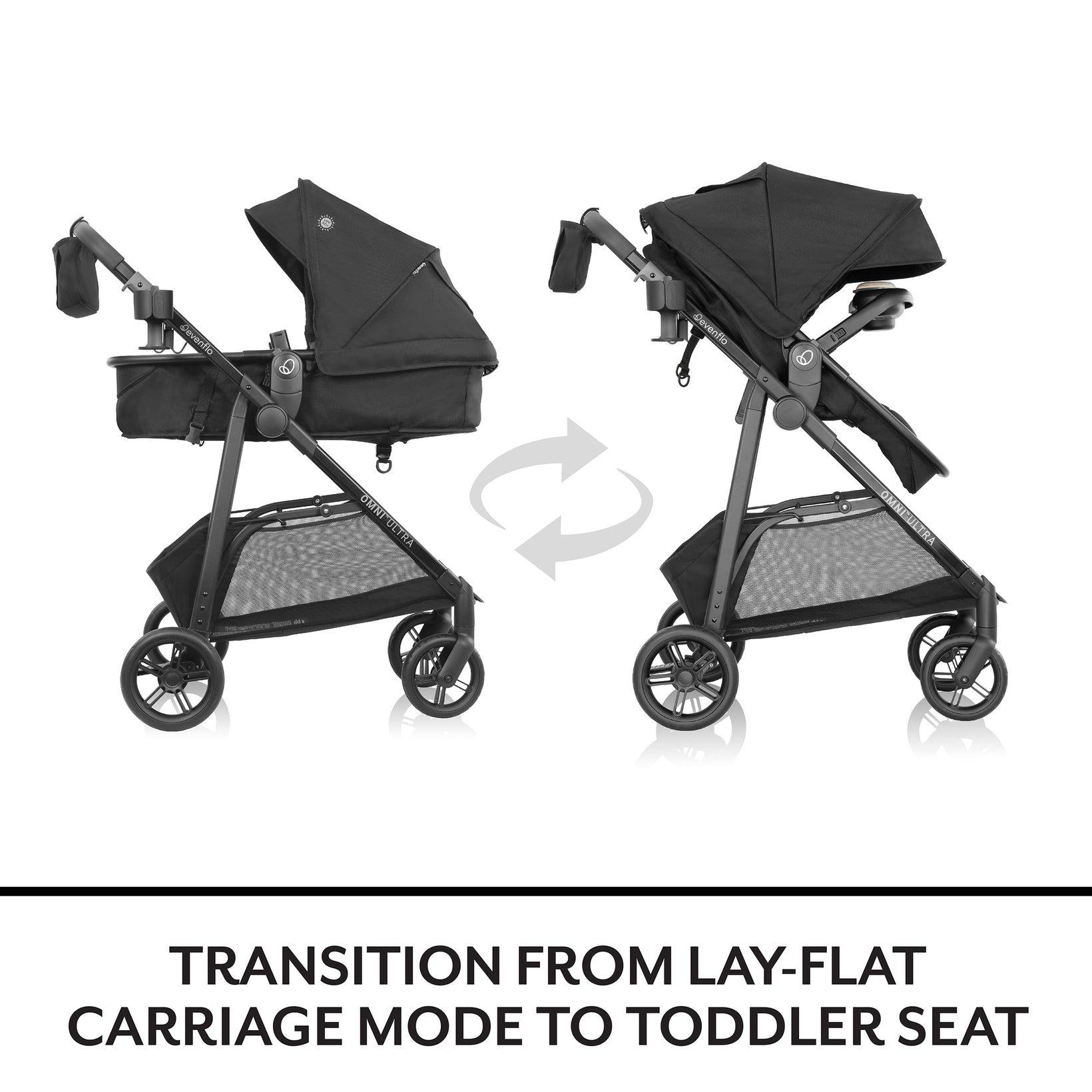 Black stroller transitioning from lay-flat carriage mode to toddler seat on a white background