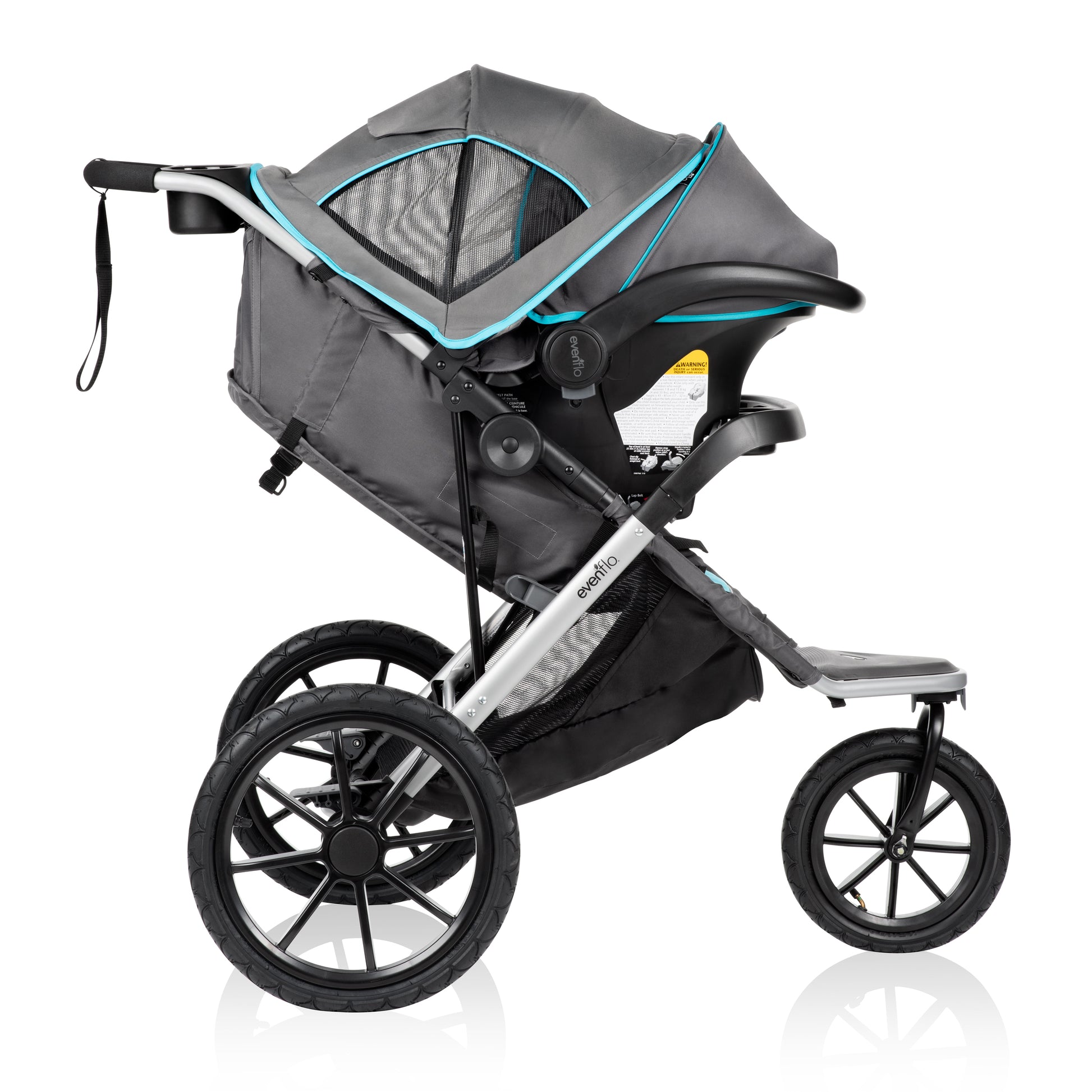 Gray and black stroller with teal accents