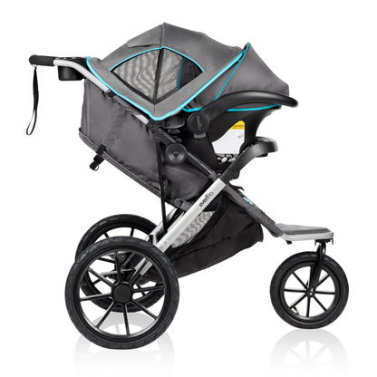 Gray and black stroller with teal accents