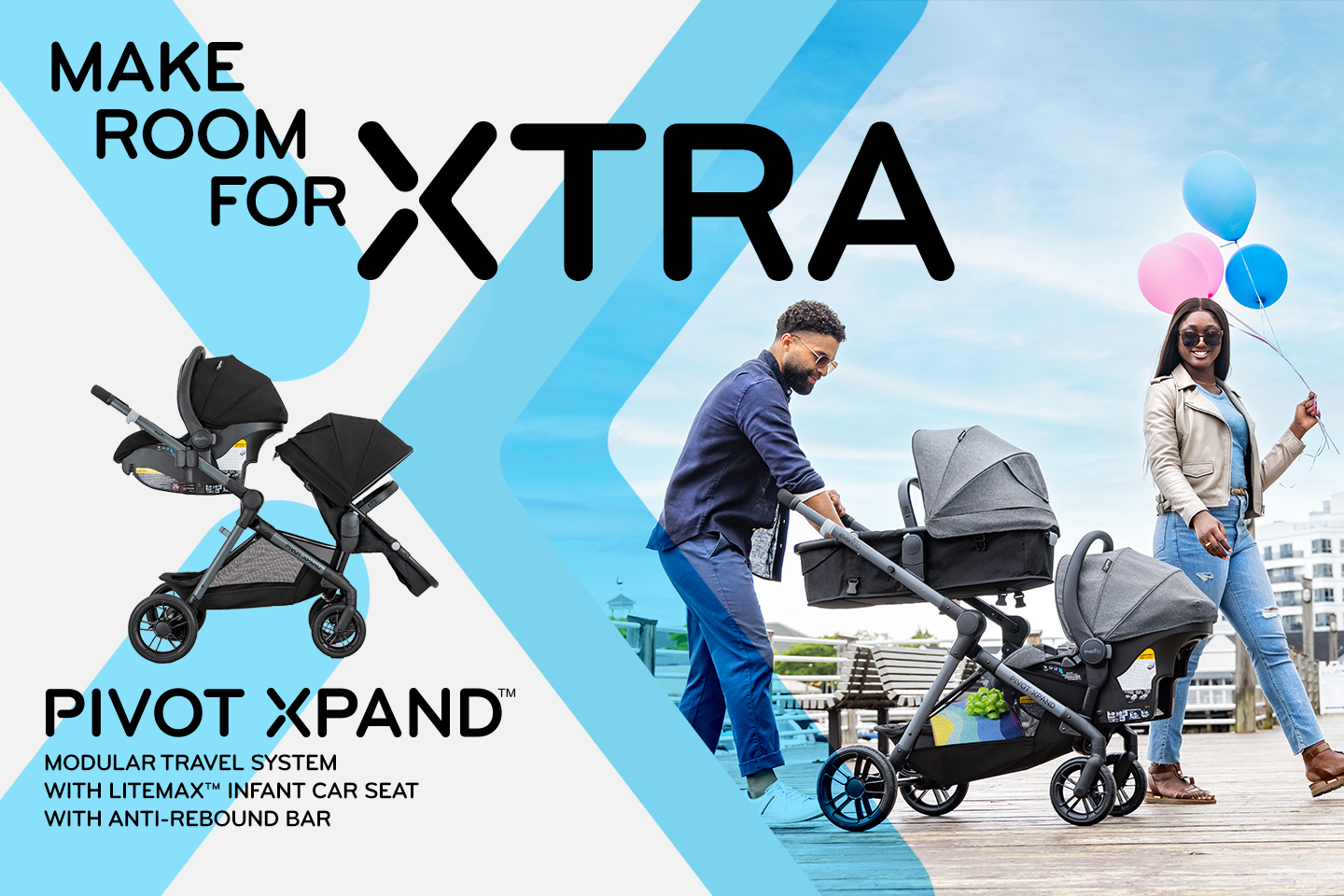 Advertisement for Pivot Xpand modular travel system with text 'Make Room for Xtra' on a blue and white background.