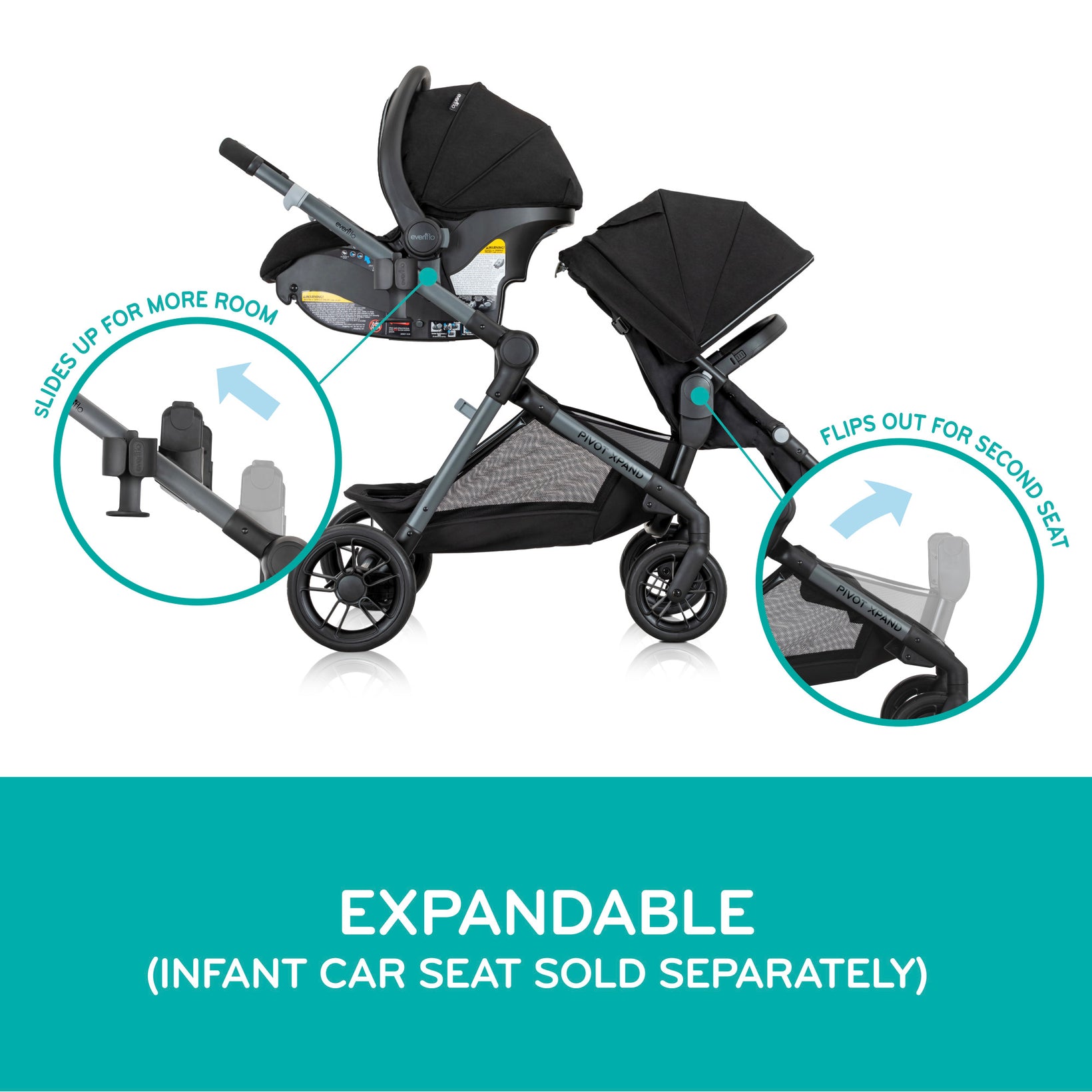 Easily adjust your stroller for more room and flip out a second seat for another child.