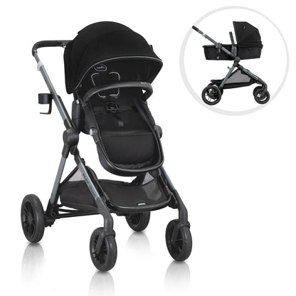 Black stroller with a gray frame and a cup holder, with an inset image showing it in a bassinet configuration.