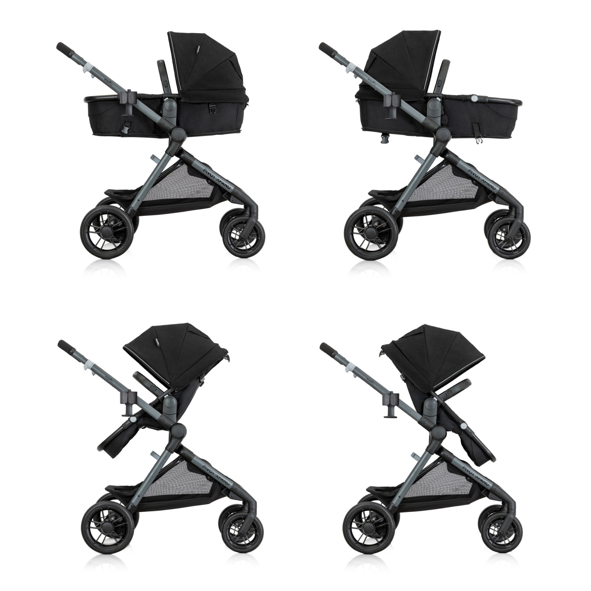 Four stylish strollers with bassinets and adjustable handles, ready for a new adventure.