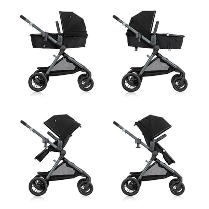 Four stylish strollers with bassinets and adjustable handles, ready for a new adventure.