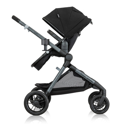 Evenflo Pivot Expand stroller in black and gray, with a single forward-facing seat and large wheels.