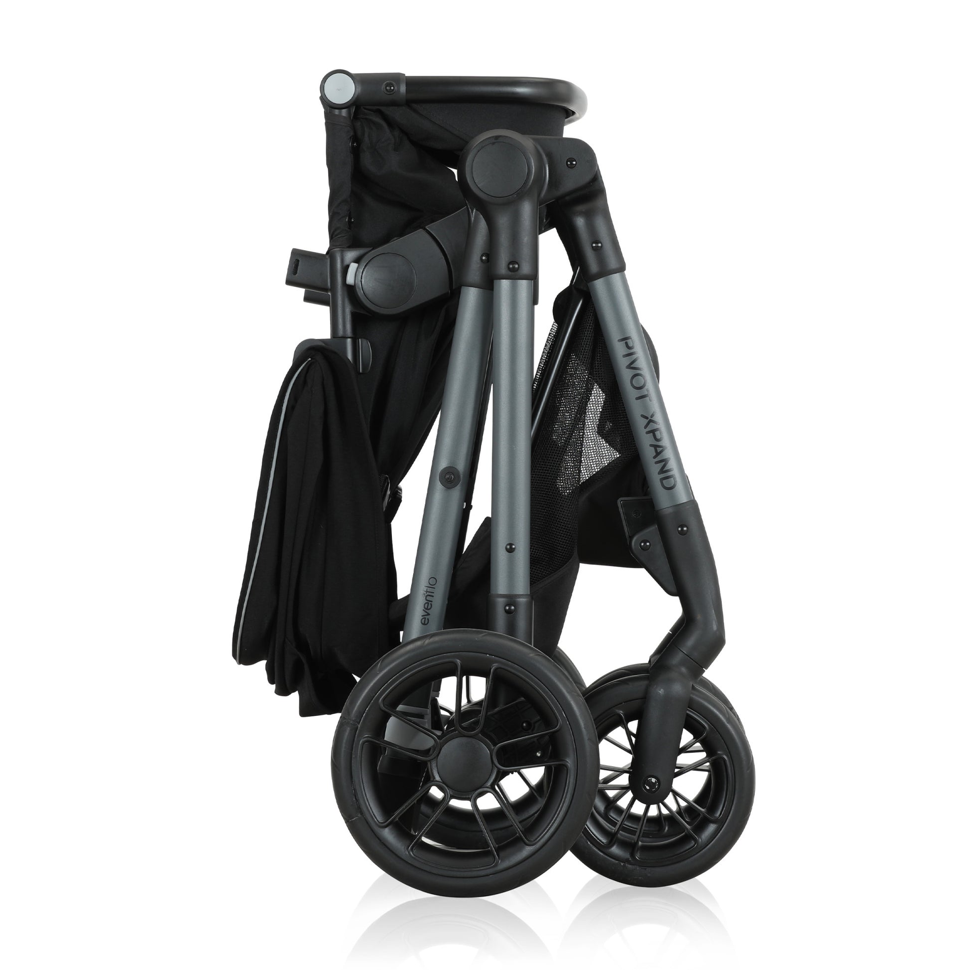 Side view of a black and gray Evenflo Pivot Expand stroller shown in a folded position.