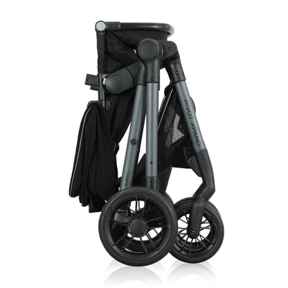 Side view of a black and gray Evenflo Pivot Expand stroller shown in a folded position.