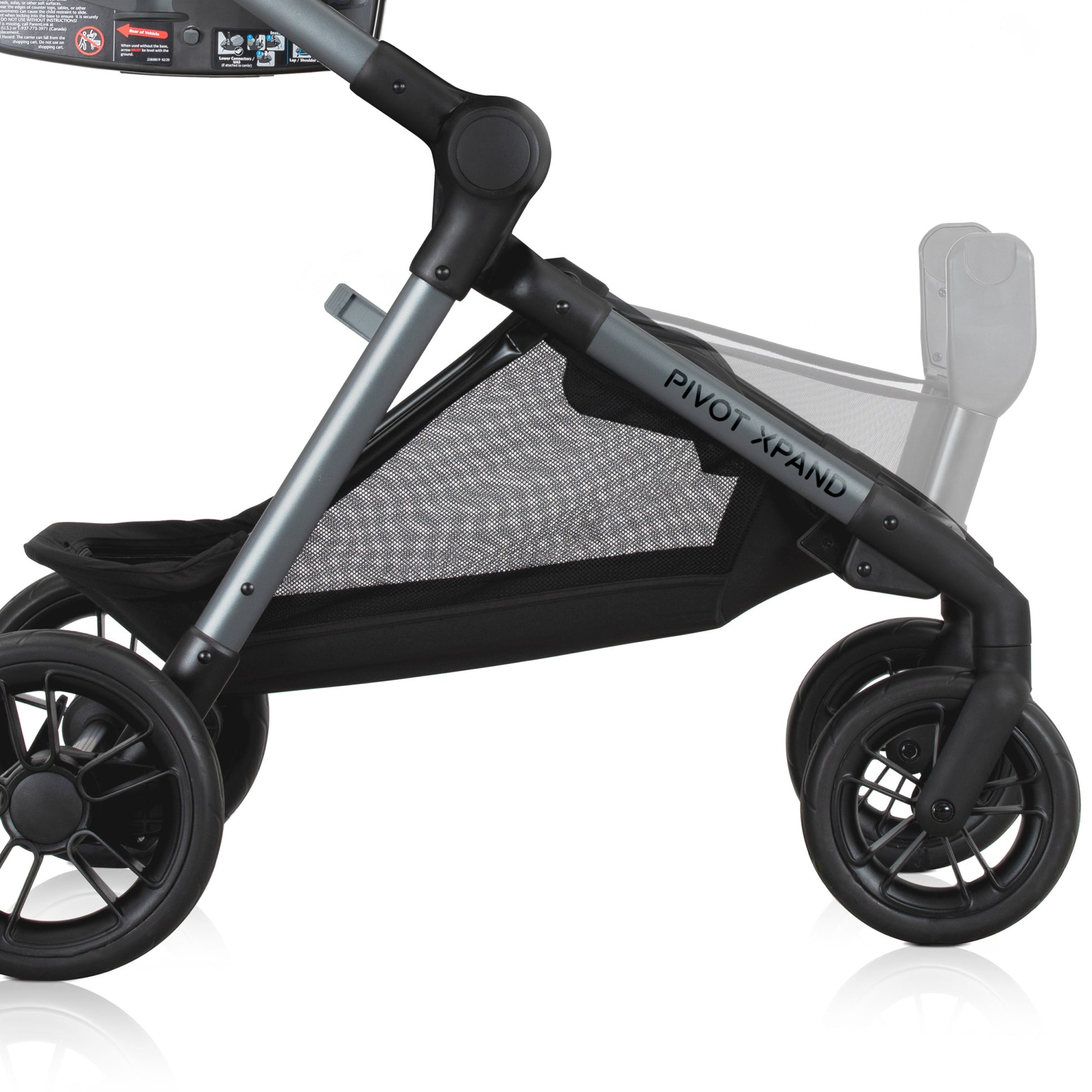 Side view of an Evenflo Pivot Expand stroller, showing two recline positions with a layered graphic effect.
