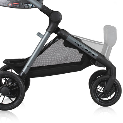 Side view of an Evenflo Pivot Expand stroller, showing two recline positions with a layered graphic effect.