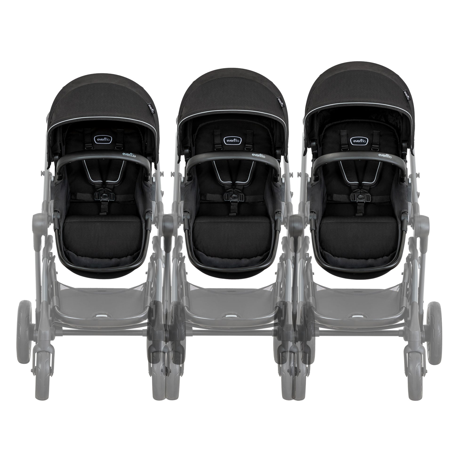 A layered graphic showing a black Evenflo stroller seat in three different adjustable positions on the frame.